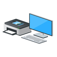 Fototapeta premium Volumetric personal computer or system unit with monitor and keyboard