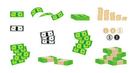 Money symbol icon set. Dollar banknotes and coins