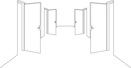 Open front door. Entrance to a room or office. Continuous line drawing. Vector illustration.