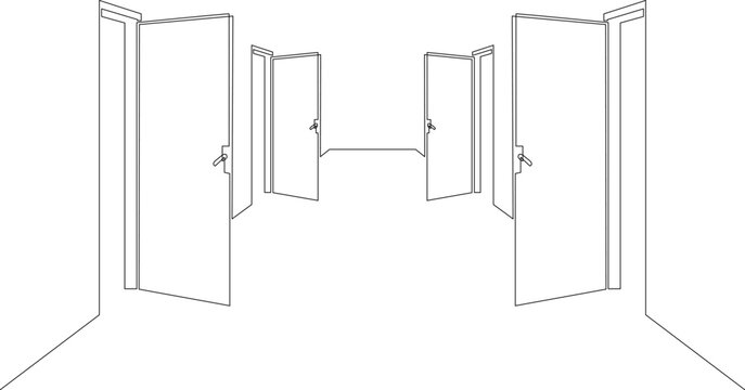 recommend clip art: Open front door. Entrance to a room or office. Continuous line drawing. Vector illustration.