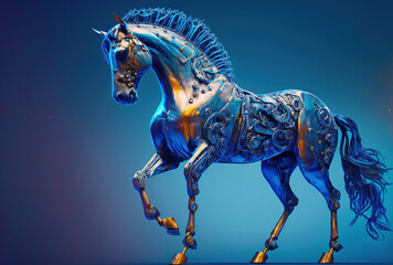 Fototapeta na wymiar Step punk inspired metallic, energetic, dazzling horse on a blue backdrop. Generative AI