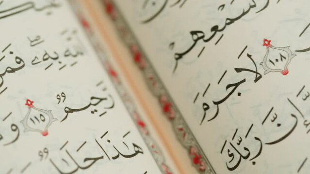 The Holy Quran Book, koran Chapter, flipping pages Close up Macro.