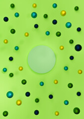 Bright, neon green 3D illustration minimal product display Christmas themed with colorful decoration Christmas balls falling top view flat lay photography wallpaper with one podium or stand
