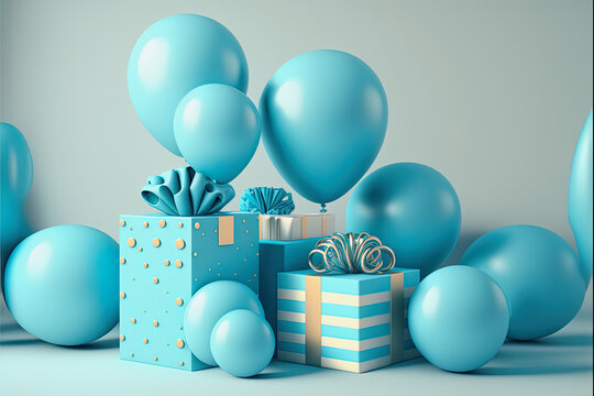 ai midjourney illustration of blue party balloons with blue gift boxes, party background
