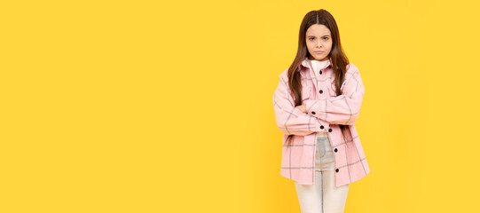 show her character. stubborn girl in pink checkered shirt. hipster kid casual style. Child face, horizontal poster, teenager girl isolated portrait, banner with copy space. - obrazy, fototapety, plakaty