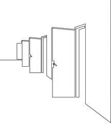 Open front door. Entrance to a room or office. Continuous line drawing. Vector illustration.