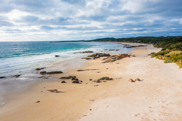 Drone aerial photograph of a white sandy beach on King Island