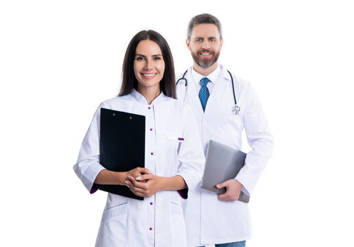 selective focus of doctor and internist isolated on white background. doctor with internist