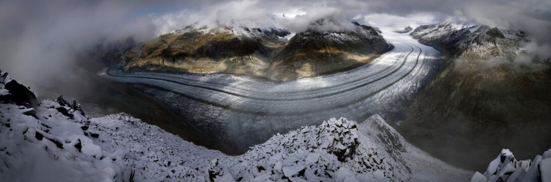 Panorama of the Aletsch Glacier in Switzerland.; Aletsch Glacier, Fiesch, Switzerland.