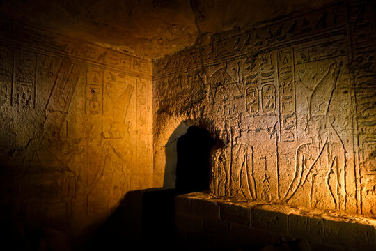 Engravings inside the temple of the goddess Mut, at the foot of Jebel Barkal.; Meroe, Sudan, Africa.