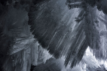 Detail photograph of the giant ice crystals clinging to the walls and ceiling of one section midway inside The Crystal Palace. It seemed a common occurance that the higher up the cliff face the team e