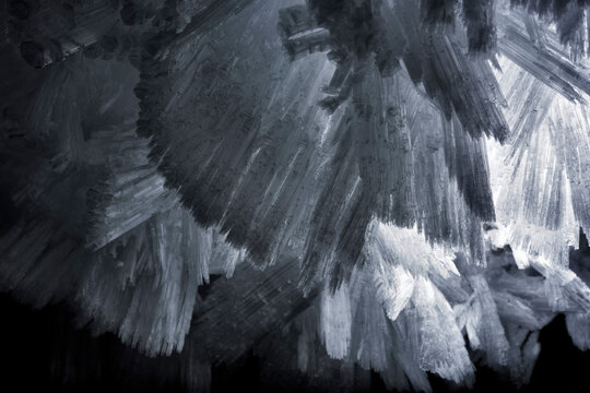 Detail photograph of the giant ice crystals clinging to the walls and ceiling of one section midway inside The Crystal Palace. It seemed a common occurance that the higher up the cliff face the team e