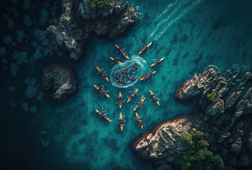 a bunch of kayakers kayaking on the water in an aerial shot. Generative AI