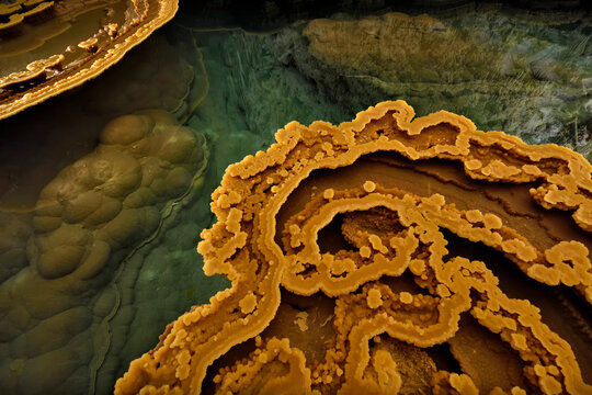 Rimstones and gours at Lake Castrovalva inside Lechuguilla Cave.; Carlsbad Caverns National Park, New Mexico.