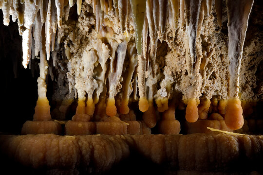 Cave mammillaries on the end of stalactites at Lake Castrovalva inside Lechuguilla Cave.; Carlsbad Caverns National Park, New Mexico.