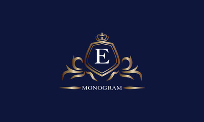 Gold luxury initial E logo. Elegant vector initial letter monogram design as emblem, business sign