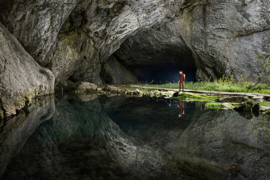 Blue lake &ndash; an upwelling spring near the entrance portal of Shulgan-Tash (Kapova) cave. Cave divers explored this lake to a depth of 88 m below surface, Ural Mountains; Russia
