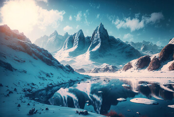 Beautiful wintertime photo of snow covered mountains against a blue sky. Generative AI