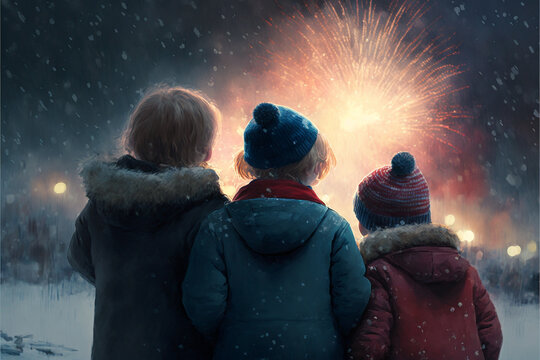 Kinder bestaunen Feuerwerk - ai generiert