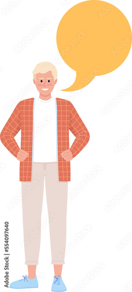 Poster man speaking german language semi flat color raster character with speech bubble. standing figure. f