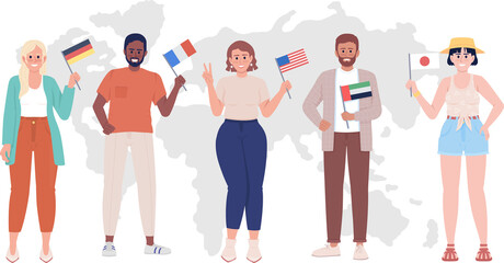 Cultural and linguistic diversity 2D raster isolated illustration. People with country flags flat characters on cartoon background. Community colourful scene for mobile, website, presentation