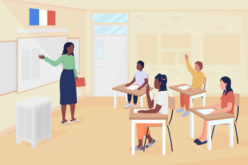 French language lesson flat color raster illustration. Foreign language course. Teacher and middle school students 2D simple cartoon characters with classroom on background