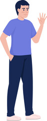 Confident man waving hand semi flat color raster character. Standing figure. Full body person on white. Greeting with smile simple cartoon style illustration for web graphic design and animation
