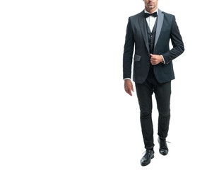 hoary man bridegroom in rich tux bow isolated on white background. full lentgh