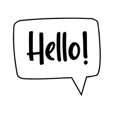 HELLO SPEECH BUBBLE CARTOON STYLE BLACK AND WHITE, PNG