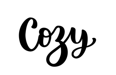 Cozy text. Only one single word cozy. Printable graphic tee. Design doodle for print. Vector illustration. Black and white. Cartoon hand drawn calligraphy style.