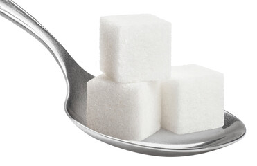 Sugar cubes in metal spoon, isolated on white background