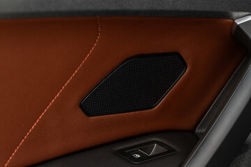 Close up speaker on car door. Sound speaker in a modern car.