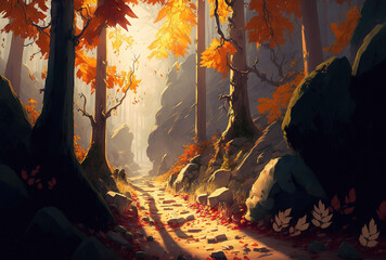 Fototapeta premium Through the fall, a path in a forest with trees and leaves is illuminated by the sun. Generative AI