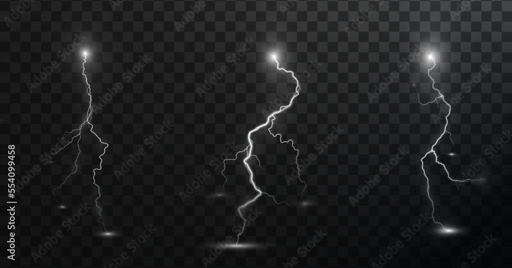 Poster Light white isolated vector lightning png. Magic light abstract lines. Realistic natural lightning effects.