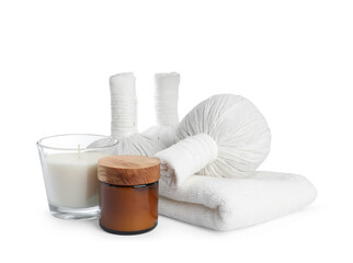 Spa composition with care products on white background