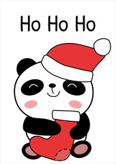Greeting card with baby panda and Christmas stocking vector illustration. Doodle panda bear character wearing Santa hat. Ho Ho Ho. Flat style