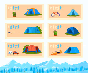 Tourism capacity tent, outdoor camp equipment, mountain vacation, adventure tourist, design, flat style vector illustration.