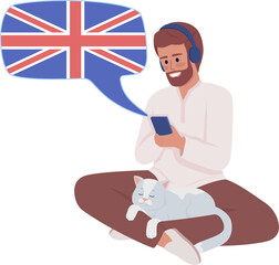 Man listening to audio british english course semi flat color raster character. Sitting figure. Full body person on white. Simple cartoon style illustration for web graphic design and animation