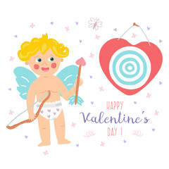 Valentine's Day greeting card with a cute cupid holding a bow and an arrow. Hand drawn vector illustration.