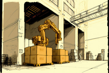Abstract concept drawing of warehouse robotization. Generative AI