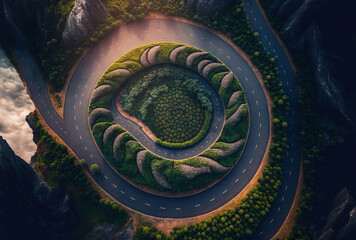 aerial view of a spiral road. Generative AI