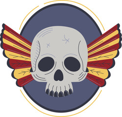 Wing vintage skull banner, art symbol, emblem skull sign, modern decoration adornment, design, in cartoon style vector illustration.