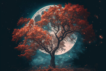 Obraz na płótnie Canvas Beautiful autumnal dream with a full moon and starry sky. Maple tree in the fall. nostalgic aesthetic with a vintage color palette. Generative AI
