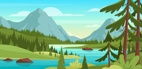 Mountain landscape. Vector illustration of panoramic mountains nature with river, green meadows, forest and blue lake. Spring and summer horizontal background. Travel, hiking and adventure tourism