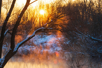 beautiful sunset over winter river