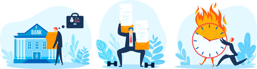 Work burnout stress, tax overwhelming, office deadline, employee job frustration, design, cartoon style vector illustration.