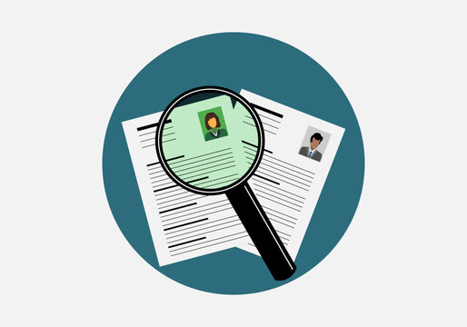 Icono de un CV de una mujer y de un hombre con una lupa. Selecci&oacute;n de personal. RRHH