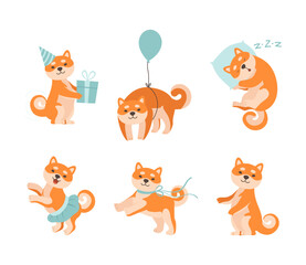 Adorable Shiba Inu Dog Character Engaged in Different Activity Vector Set