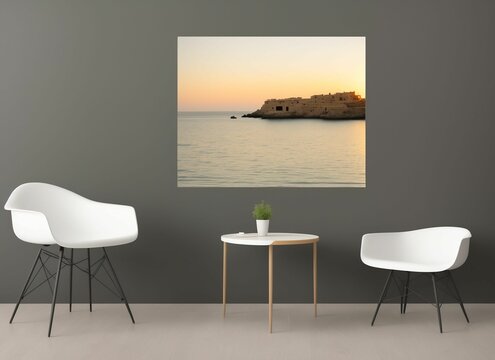 Large horizontal frame hanging on a grey wall in contemporary 3D rendering