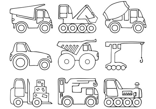 Set of construction machines in doodle style. Hand Drawn. Freehand drawing. Doodle. Sketch. Outline.	